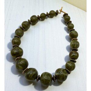 Chunky Olive Green Swirled Bead Necklace with Gold Tone Accents Bold Statement